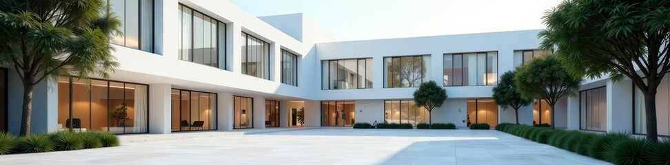 Sleek hospital building with a spacious minimalist courtyard, courtyard, healthcare, modern