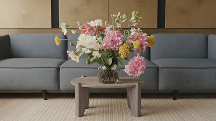 Cozy living room scene with a bouquet of flowers Modern grey sofa wooden coffee table