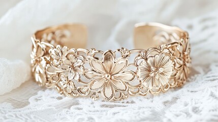 A gold filigree bracelet with ornate floral patterns arranged on a lace fabric.
