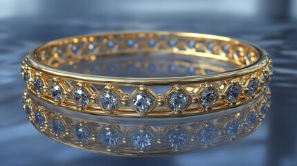 A gold eternity band with tiny embedded diamonds resting on a glass surface.