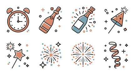 New Year's celebration icons flat design festive elements digital graphic