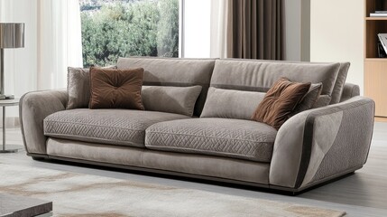 A bright and modern living space showcasing a light grey -seat sofa with a plush brown cushion