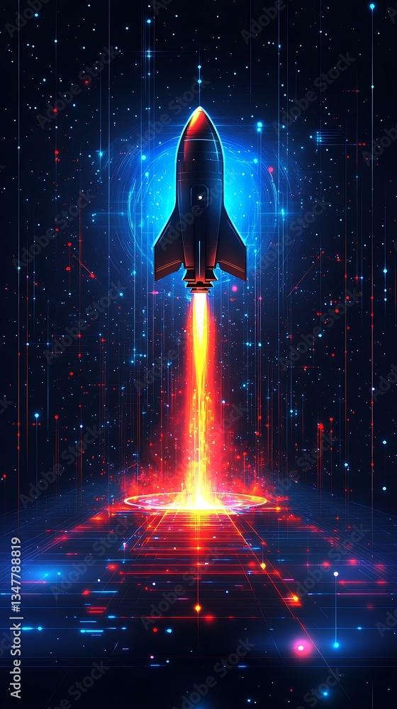 Poster futuristic rocket launch ignition sparking into digital grid universe for space exploration venture