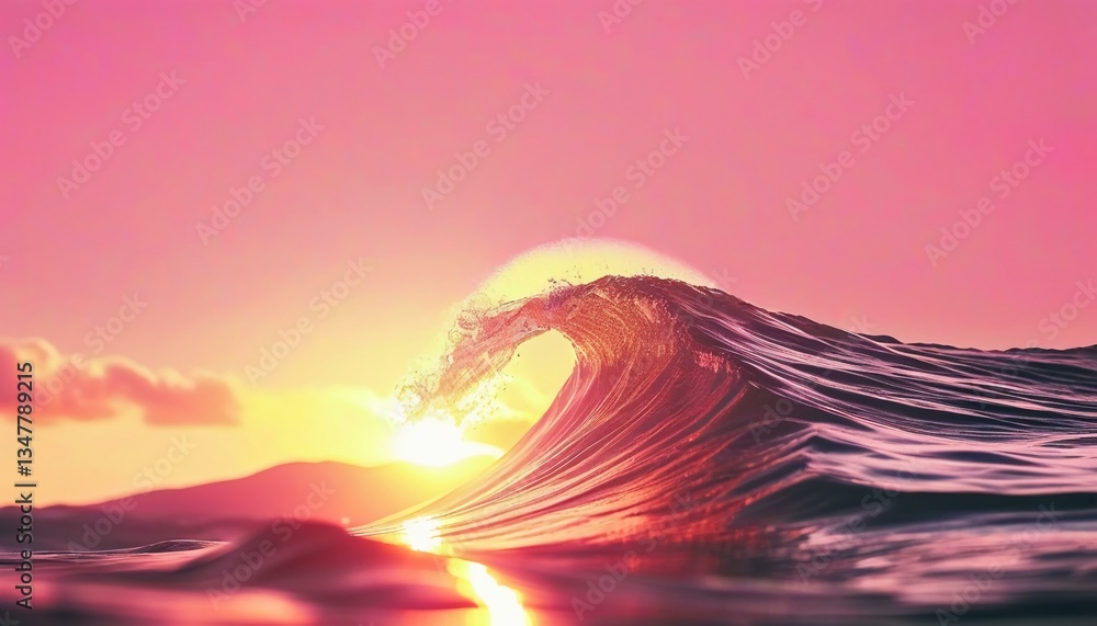Poster crimson and gold hues blend in the sky as waves gently crest, creating a serene moment where ocean m