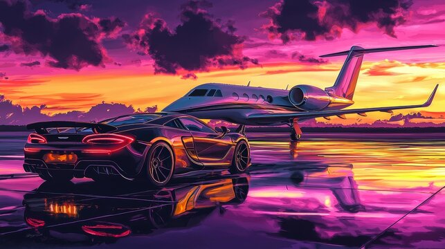 Digital illustration of a luxury sports car pulling up to a private jet, vibrant sunset in the background, glowing reflections on the car and jet, artistic style