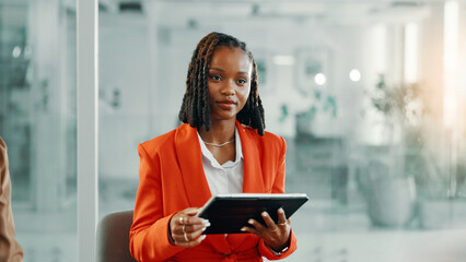 Business, connection and black woman in office, tablet and email with website info. African person,...