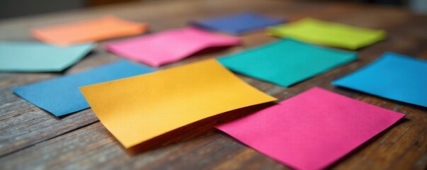 Colorful business cards scattered on a wooden desk, office, organization
