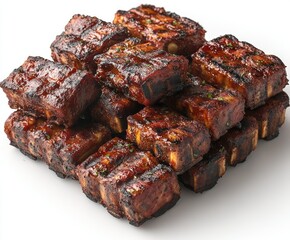 Grilled BBQ pork ribs, stacked, studio shot, white background, food photography