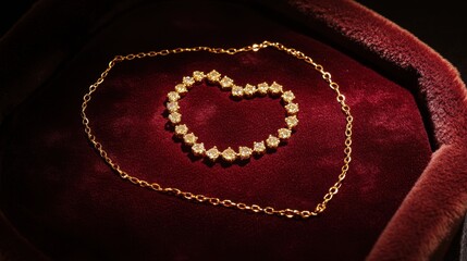Fototapeta premium A gold necklace arranged in a heart shape on a velvet jewelry pad.