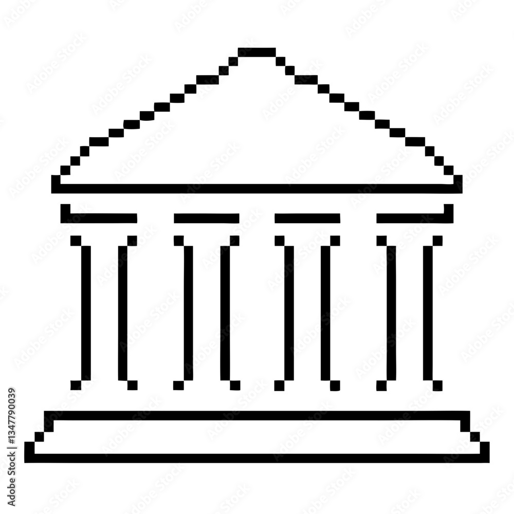 Poster an pixelated vector illustration outline of building with columns and a triangular roof