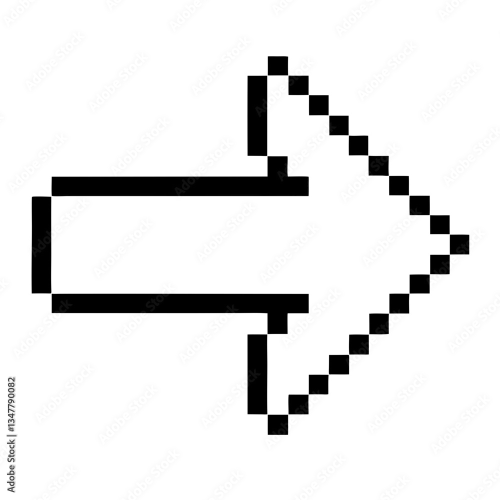 Poster pixelated right arrow pointing forward. it is a simple and classic symbol, often used to indicate di