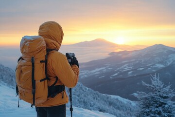 Fototapeta premium Hiker photographs mountain sunrise on snow-covered landscape.