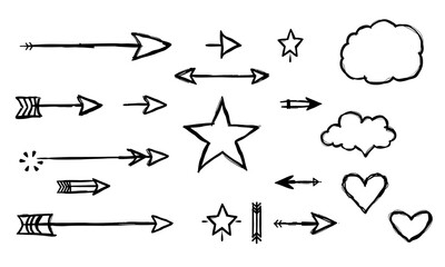 Hand drawn doodle sketches of various arrows, stars, hearts, and clouds create whimsical and playful design. These elements can be used for creative projects, adding unique touch to any artwork