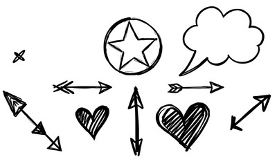 Hand drawn doodle sketch featuring arrows, hearts, star, and speech bubble, conveying playful and creative vibe. This whimsical design is perfect for various artistic projects