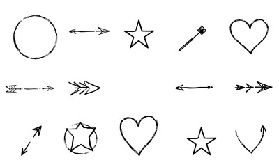 Hand drawn doodle sketches of various shapes and symbols including circles, stars, hearts, arrows, and geometric forms, showcasing playful and artistic style