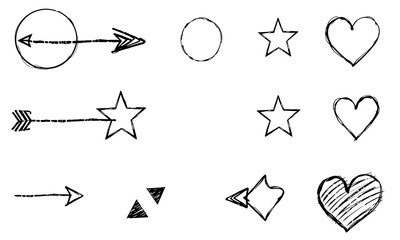 Hand drawn doodle sketches of various shapes including arrows, circles, stars, hearts, and triangles, showcasing playful and creative style. These elements can be used for artistic projects or