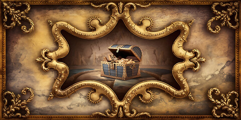 Ornate treasure chest, antique gold frame.