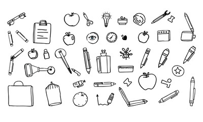 Obraz premium collection of school related objects including apples, pencils, clocks, and various stationery items, creating vibrant and educational atmosphere