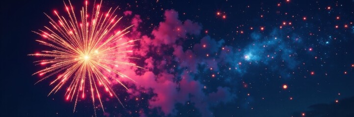 Naklejka premium Colorful firework explosion with sparkling stars in the sky , colorful lights, fireworks