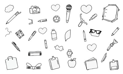 Creative and playful collection of school and office supplies, including pens, notebooks, and fun icons like hearts and microphone, perfect for artistic projects