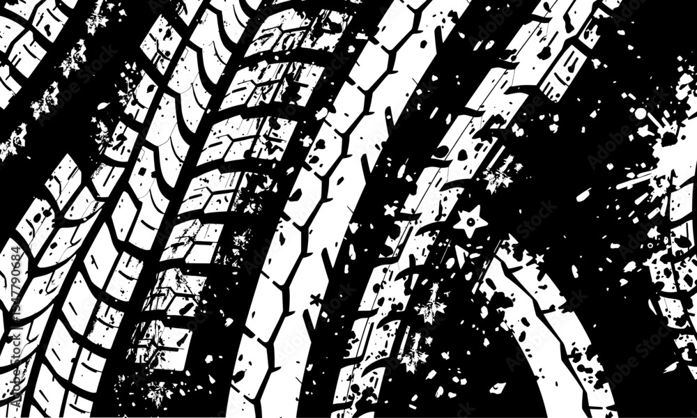 Poster tire texture patterns create dynamic visual, showcasing intricate designs and wear marks that tell s