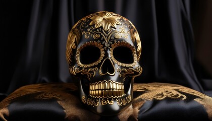 Fototapeta premium A luxurious black-and-gold Día de los Muertos skull resting on a rich velvet cushion, combining elegance with traditional Mexican symbolism in a dramatic, ornate display. 