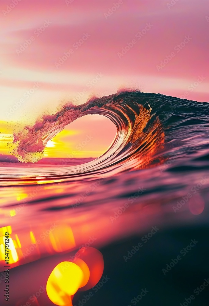 Poster As the sun dips below the horizon, the sky transforms into a canvas of pink and orange, reflecting on the gently rolling waves, creating a serene and vibrant atmosphere Generative AI