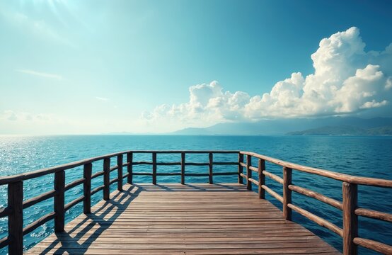 Wooden observation deck overlooks tranquil sea. Blue ocean meets horizon under sunny sky with clouds. Relaxing vacation, scenic travel spot, nature beauty.