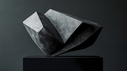 A brutalist sculpture with geometric shapes and rustic textures. close-up of a sculpture made of gray stone on a black plinth. Monolithic Black. Illustration