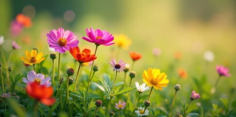 Fototapeta premium Colorful wildflowers swaying in the gentle breeze, bloom, sunlight