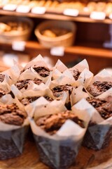 Freshly Baked Chocolate Muffins in a Rustic Bakery
