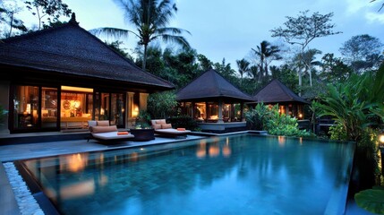 Obraz premium Luxury Tropical Villa with Private Pool at Dusk
