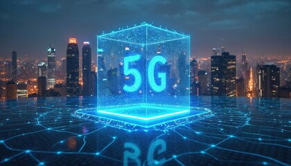 Futuristic cityscape at night. Holographic 5G technology innovation, IoT devices, high speed data transfer. Wireless network, mobile internet connection. Digital city, smart city, tech,