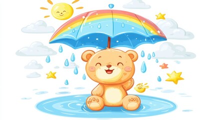Cute bear under rainbow umbrella enjoying rain in playful scene illustrated digital art whimsical style