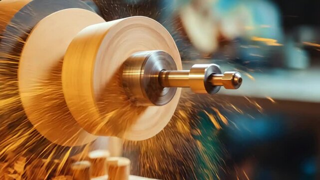 Woodworking process with lathe creating shavings in workshop