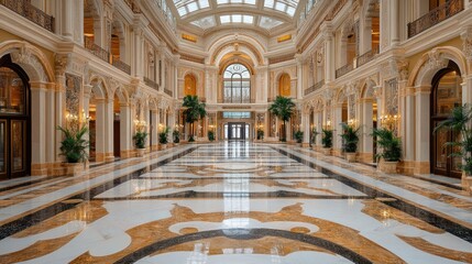 Obraz premium Opulent hall with marble floor and arched ceilings.