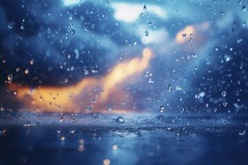 Fototapeta premium Rain Drops on Glass with Blurred Sunset Background