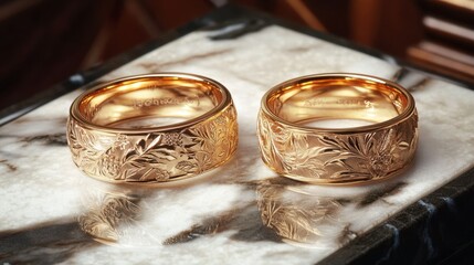 A luxurious gold wedding ring set with intricate engraving placed on a fine marble tray.
