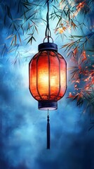 Illuminated Lantern Hanging Amongst Bamboo Branches