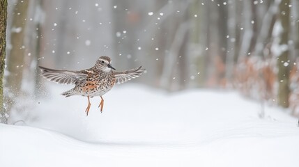 Fototapeta premium Snowy bird taking flight in winter forest