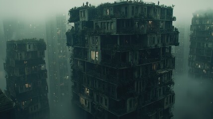 Eerie urban decay abandoned high-rise buildings futuristic cityscape dystopian environment aerial perspective