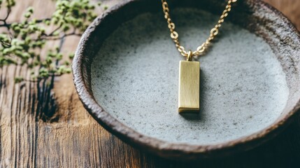 A minimalist gold bar pendant resting on a smooth ceramic plate.