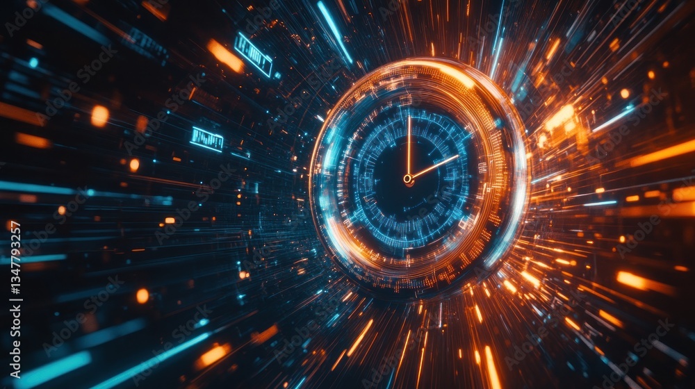 Poster futuristic clock with glowing elements in motion blur