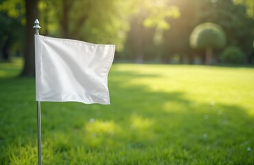 Blank white garden flag on green grass park background. Mockup banner for advertisement, message, logo presentation. Summer sunny day, empty space for text or design.