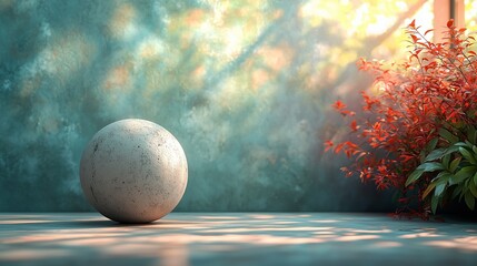 Fototapeta premium Minimalist Still Life with a Textured Sphere and Vibrant Foliage
