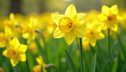 Obraz premium Daffodil field with vibrant blooms swaying in the spring breeze , blooming, daffodils, yellow