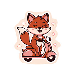 Cheerful fox cartoon rides a pink scooter with a happy expression and sparkles