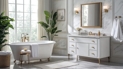 Elegant White Bathroom Design with Freestanding Tub and Gold Accents