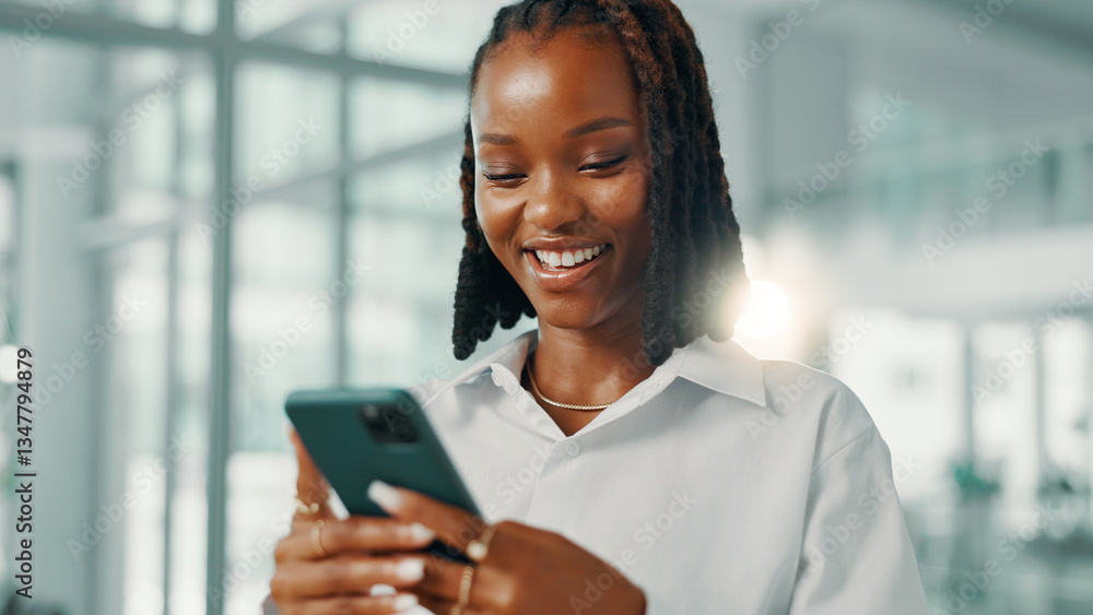 Poster smile, black woman and chat with smartphone in office, communication and contact for networking. hap