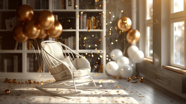 Joyful retirement card celebratory theme featuring golden balloon confetti cozy rocking chair near bookshelf stylishly designed blank section middle provided personalizing retiree name heartfelt